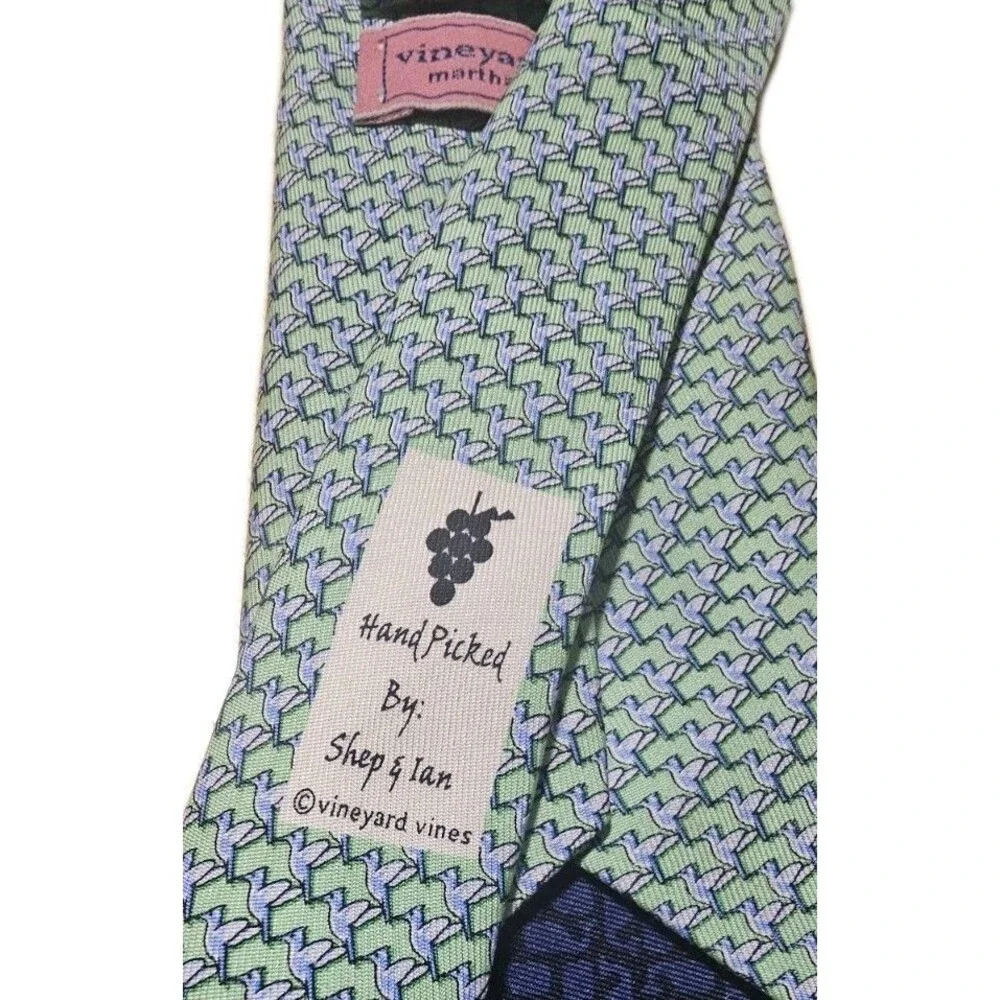 Vineyard Vines Bird Print Silk Tie Green Blue Made USA Shep & Ian